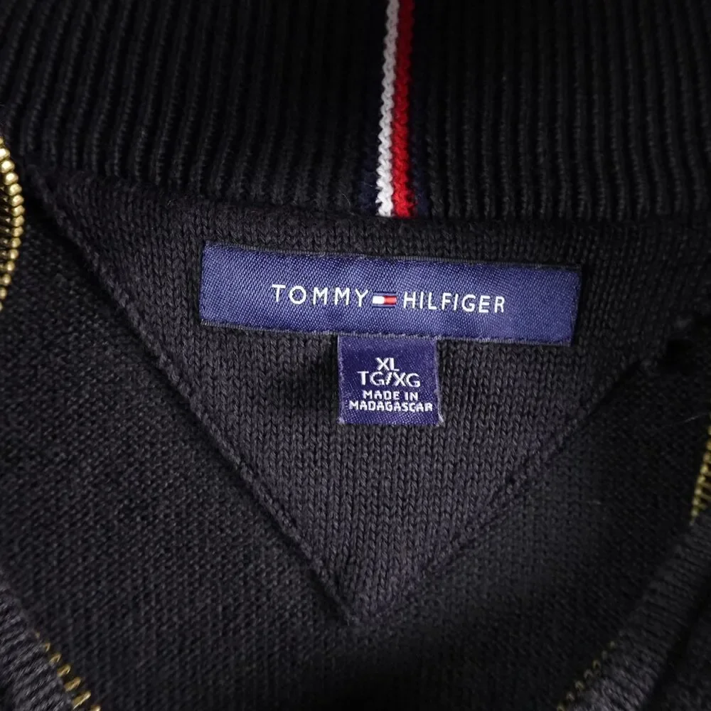 Tommy Hilfiger Sweater Mens XL Black 1/4 Zip Mock Neck Pullover Logo Knit Casual